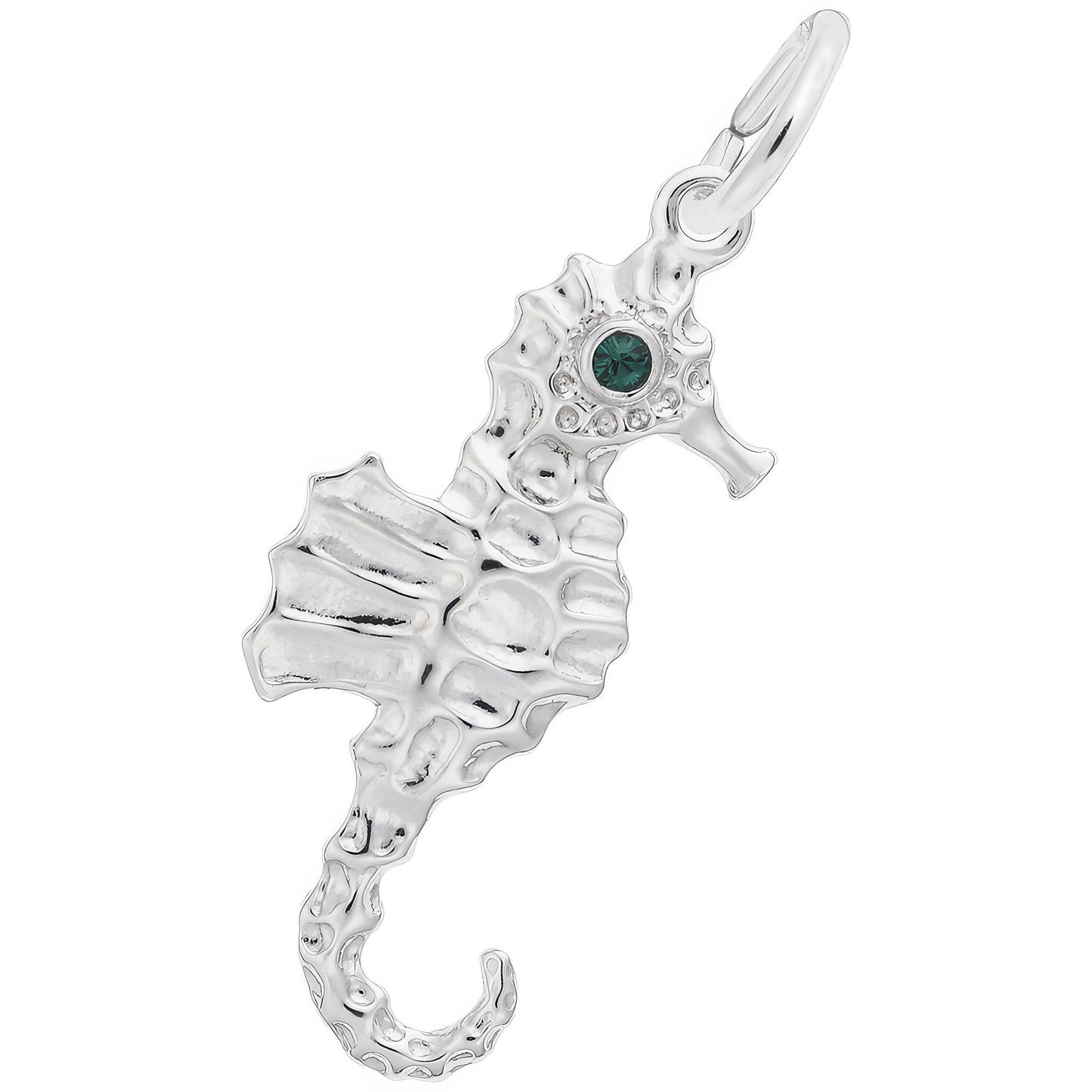Seahorse Charm w/Green Synthetic Crystal - Metal - Sterling Silver