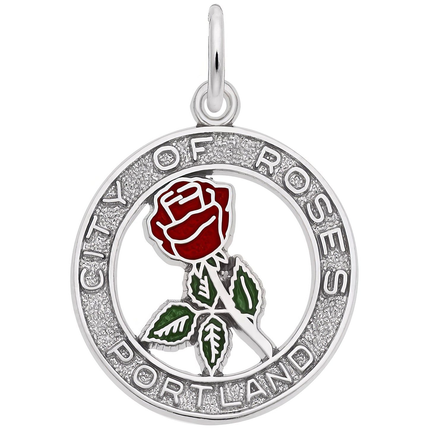 Portland City of Roses Charm w/Red & Green Enamel - Metal - Sterling Silver