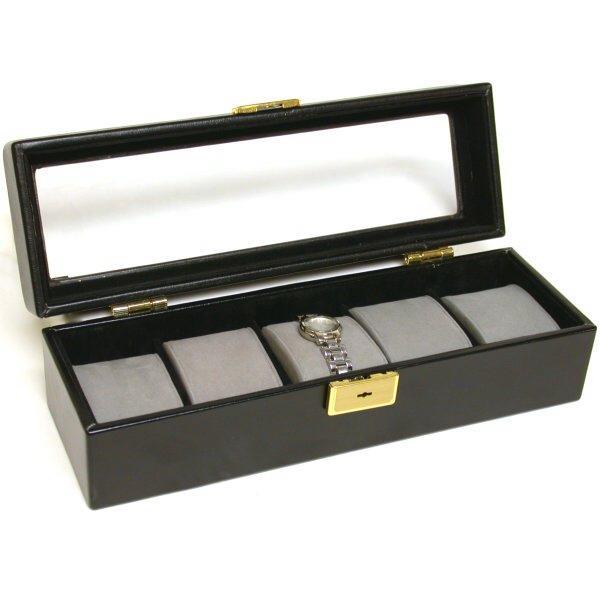 3 Leather Watch Box Case Display w/Glass Top 5 Slot New
