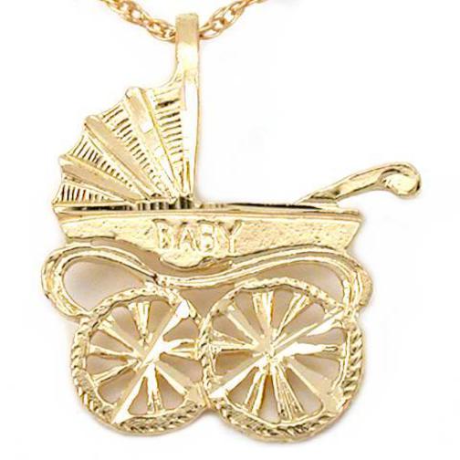 Bassinet Stroller Charm 15mm & 18" Chain 14k Gold