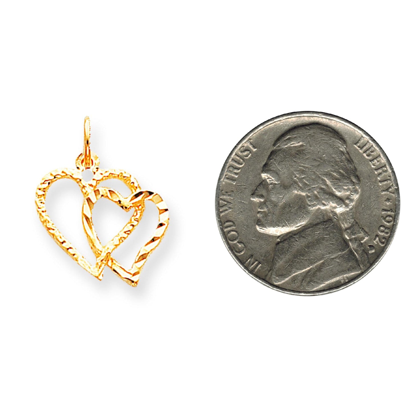 10K Gold Double Heart Charm Diamond Cut