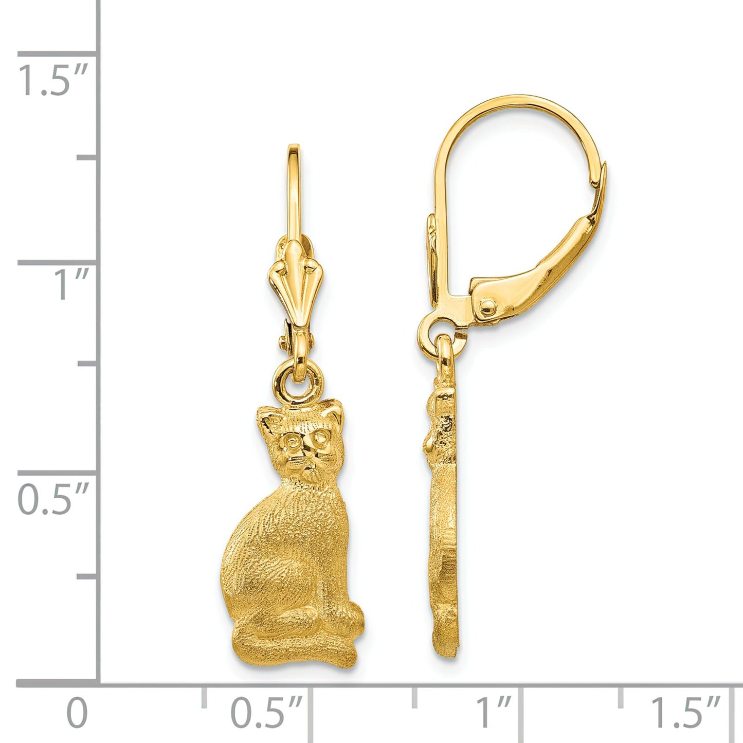 14K Gold Cat Dangle Lever Back Earrings