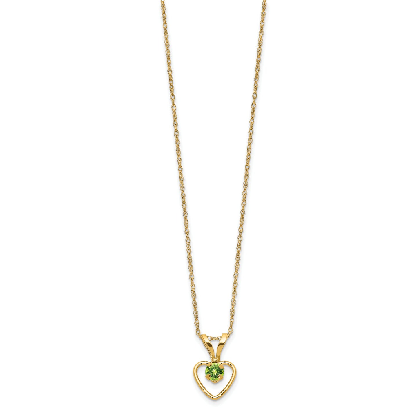 14K Gold 3mm Peridot Heart Children's Birthstone Necklace 15"