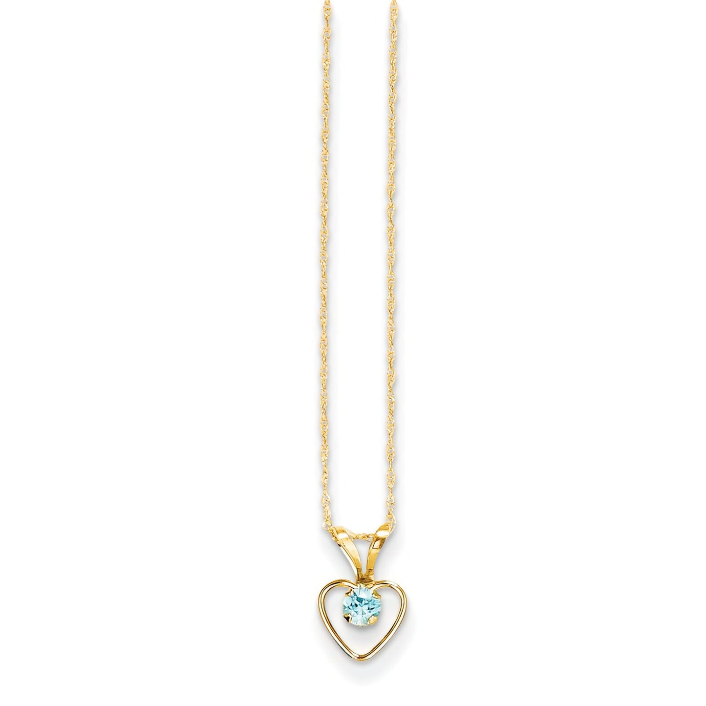 14K Gold 3mm Blue Zircon Heart Children's Birthstone Necklace 15"