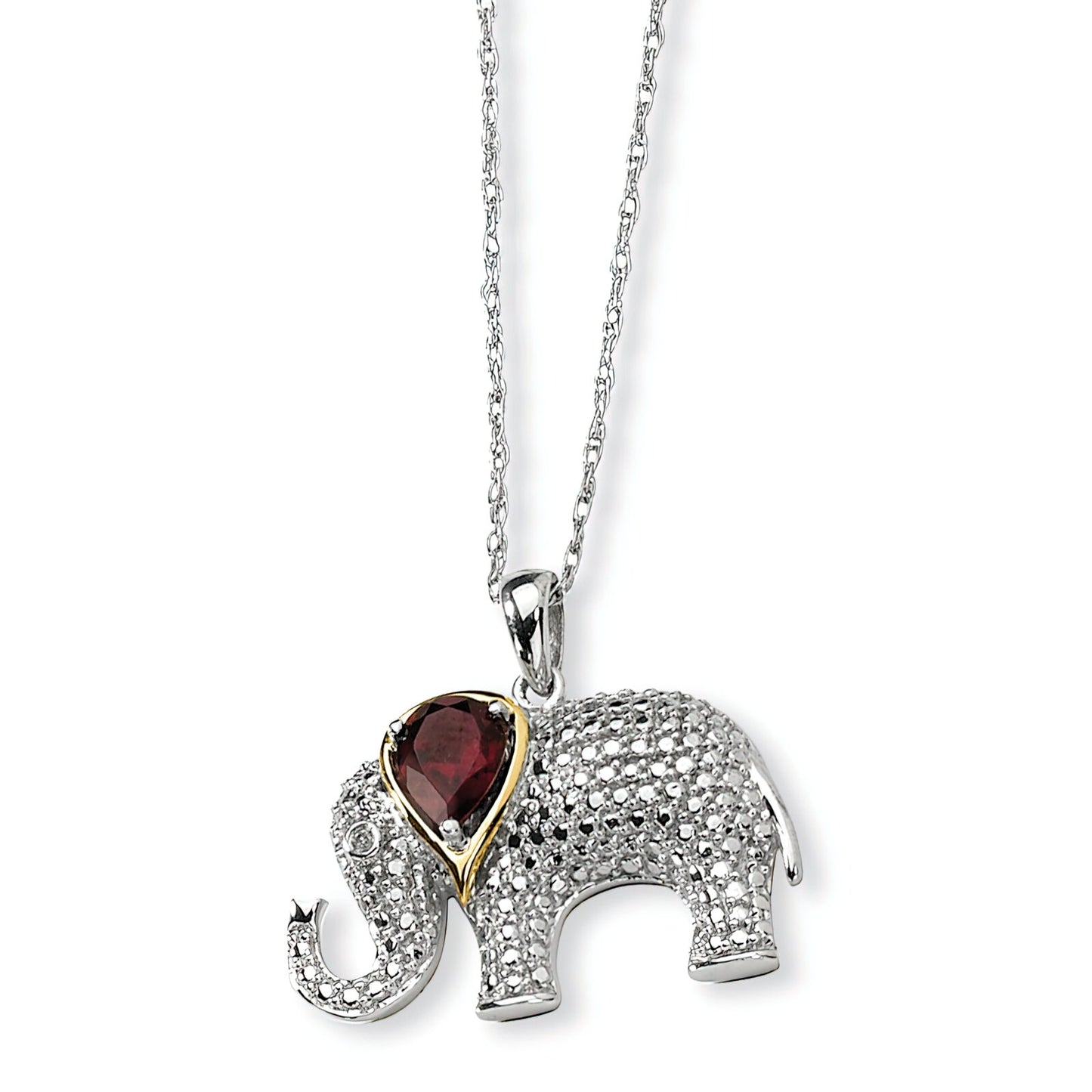 Ster Silver 14K Gold IJ|Red Diamond & Garnet Elephant Pendant