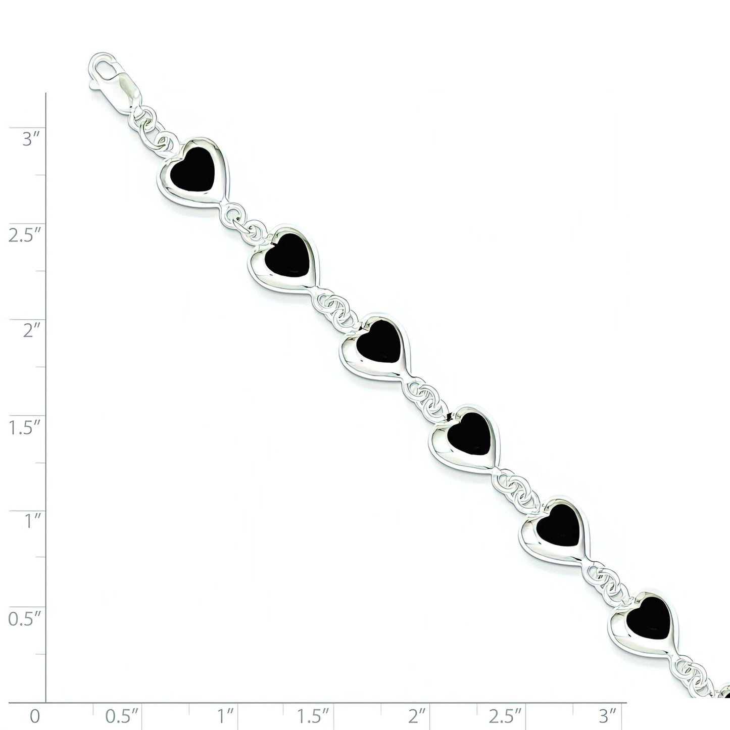 Sterling Silver Onyx Heart Fancy Link Bracelet 7"