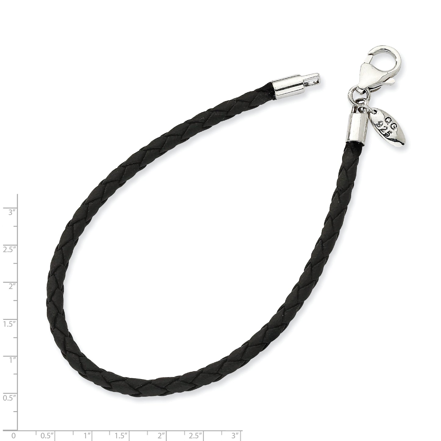 Silver Black Leather Bead Bracelet 6.75"