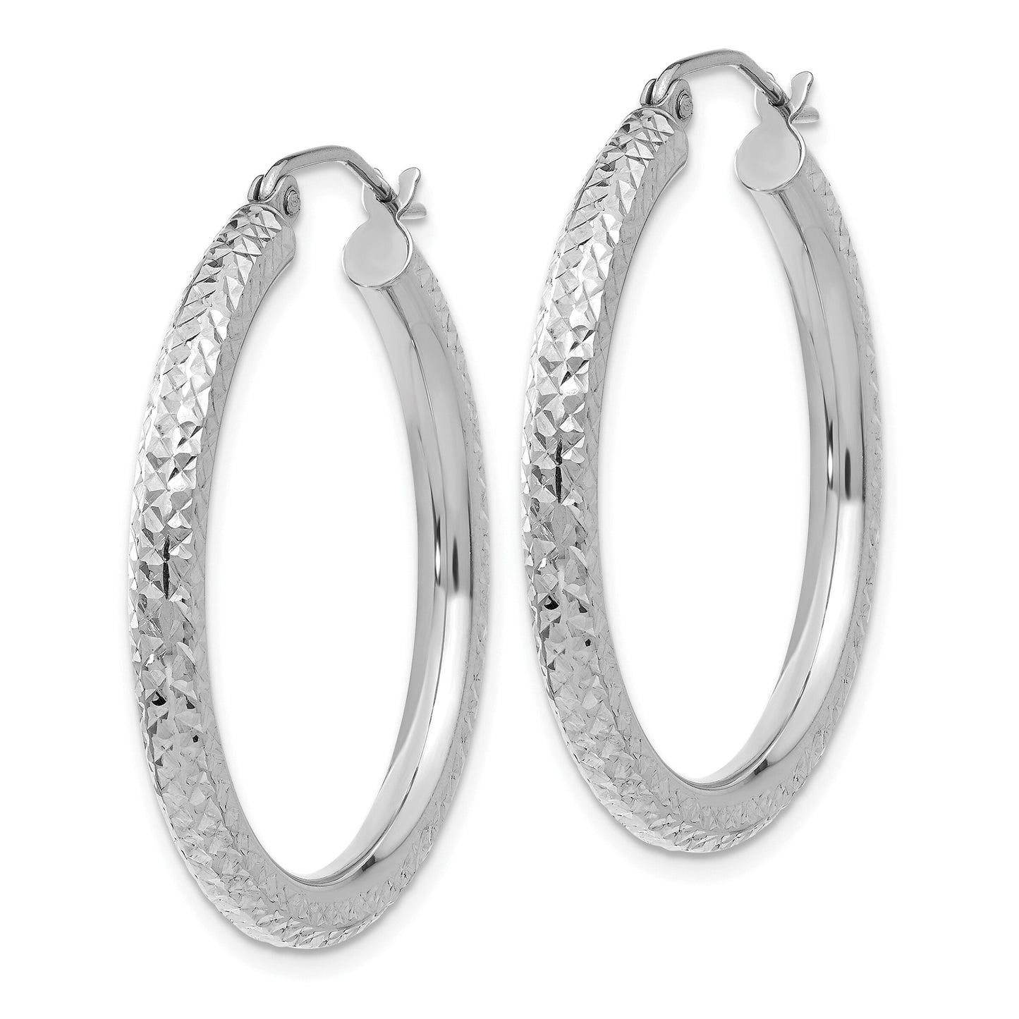 14K White Gold Diamond Cut Round Hoop Earrings