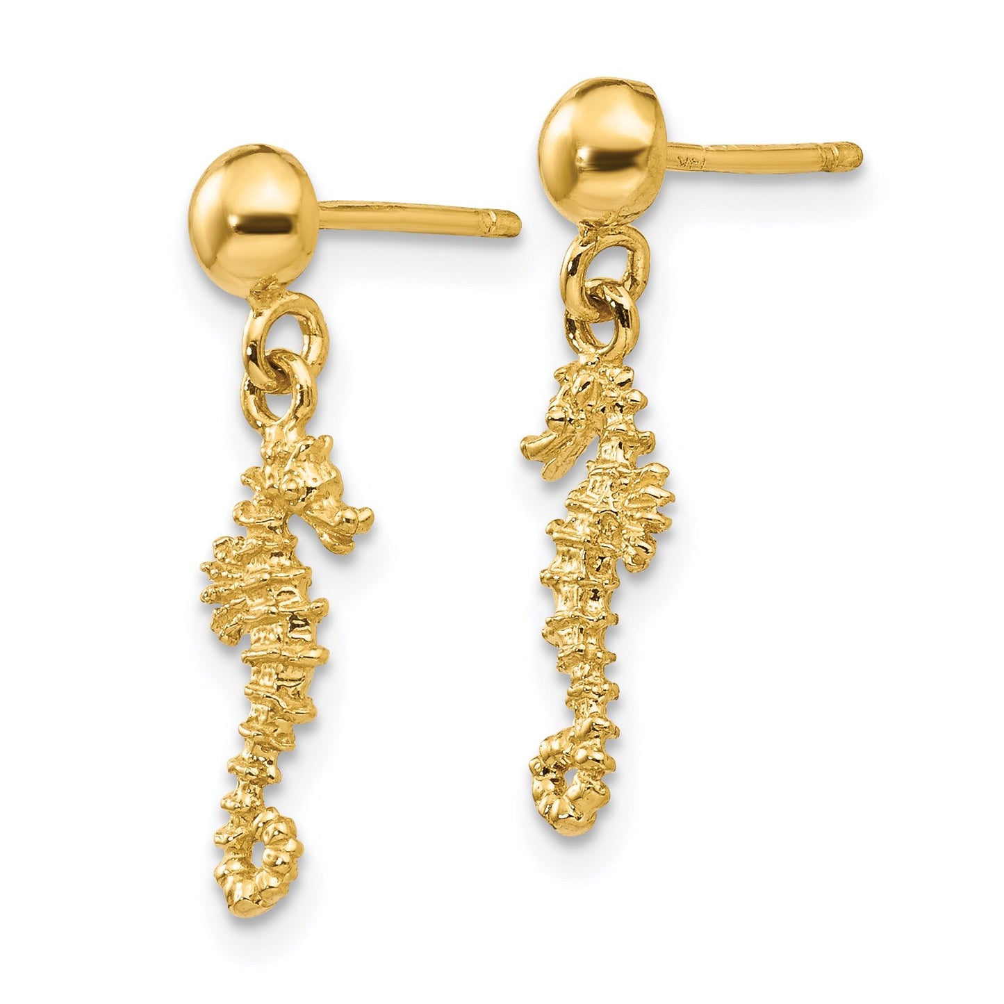 14K Gold 3-D Seahorse Dangle Earrings