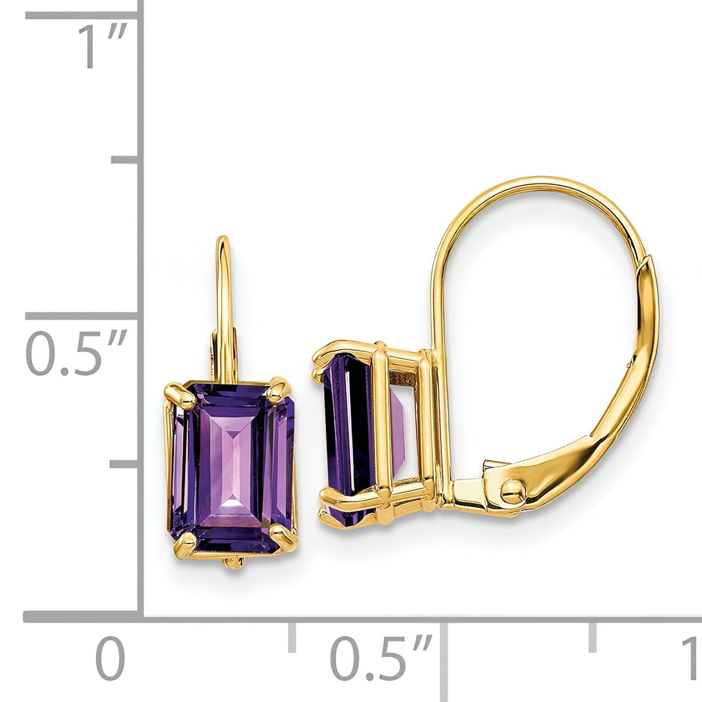 14K Gold Emerald Cut Amethyst Earrings 7x5mm