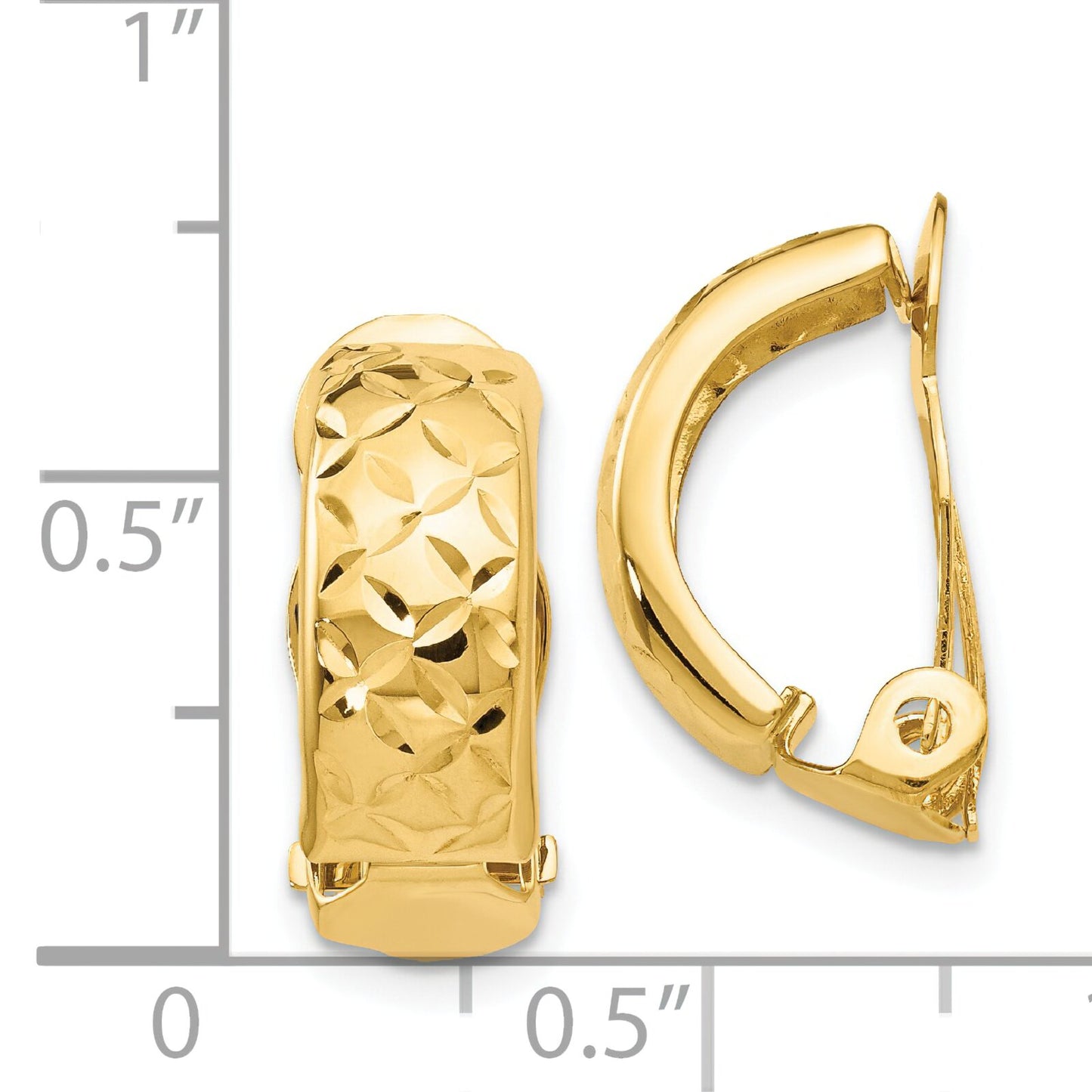 14K Gold Diamond Cut Clip On Hoop Earrings