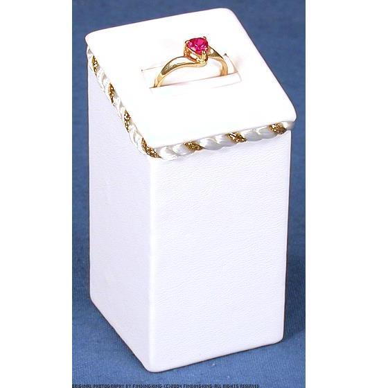 3 White Faux Leather Ring Display Stands W/Gold Trim