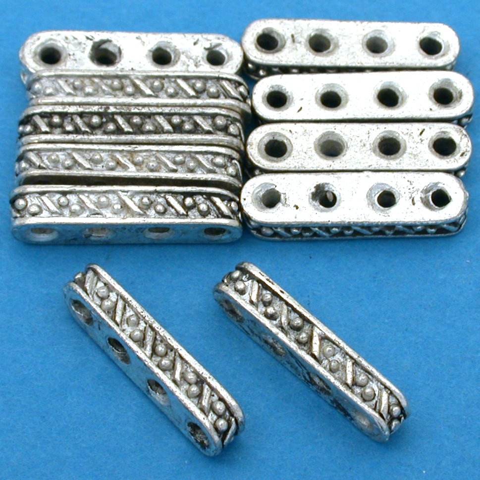 Bali Spacer Four Hole Antique Silver Plated Beads 19mm 16 Grams 10Pcs Approx.