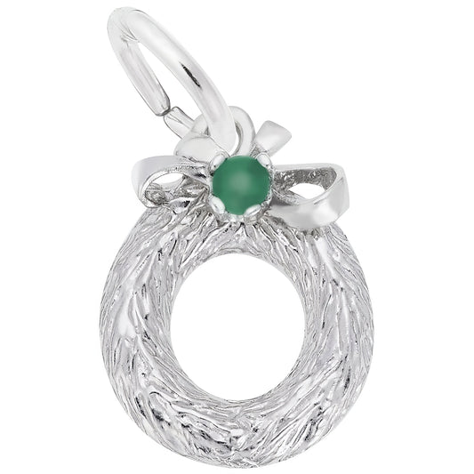 Wreath Charm w/Green Bead - Metal - Sterling Silver