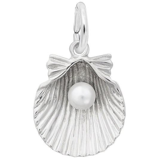 Sterling Silver Shell With Pearl Charm - 15mm x 14mm