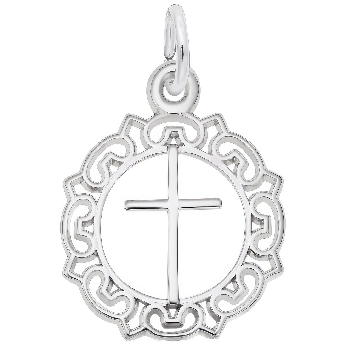Cross w/Ornate Border Charm - Metal - Sterling Silver