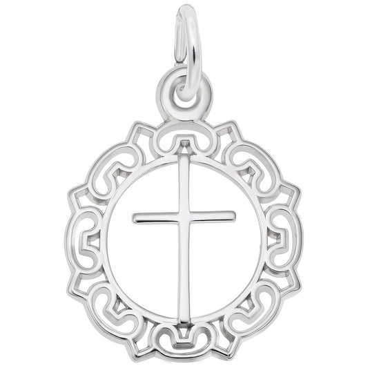 Cross w/Ornate Border Charm - Metal - Sterling Silver