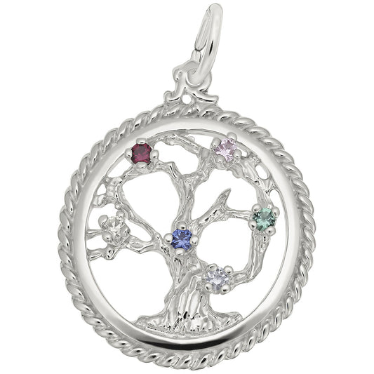 Tree of Life Charm w/Multicolor Synthetic Crystals - Metal - Sterling Silver