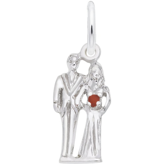 Bride & Groom Charm w/Red Bead Accent - Metal - Sterling Silver