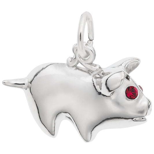 Piggy Bank Charm w/Purple Synthetic Crystal - Metal - Sterling Silver