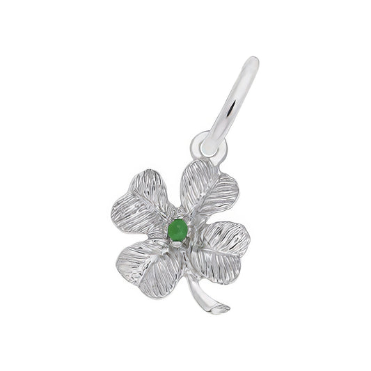 Four Leaf Clover w/Green Bead Accent Charm - Metal - Sterling Silver