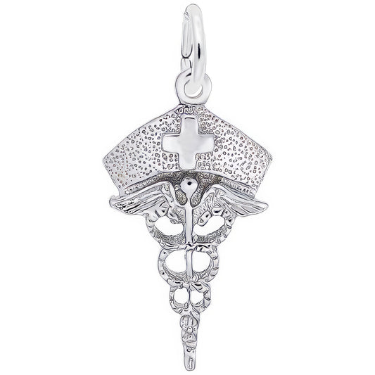 Nurses Hat Caduceus Charm - Metal - Sterling Silver