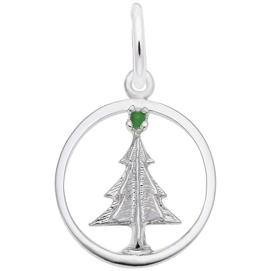 Christmas Tree Circle Charm w/Green Bead - Metal - Sterling Silver