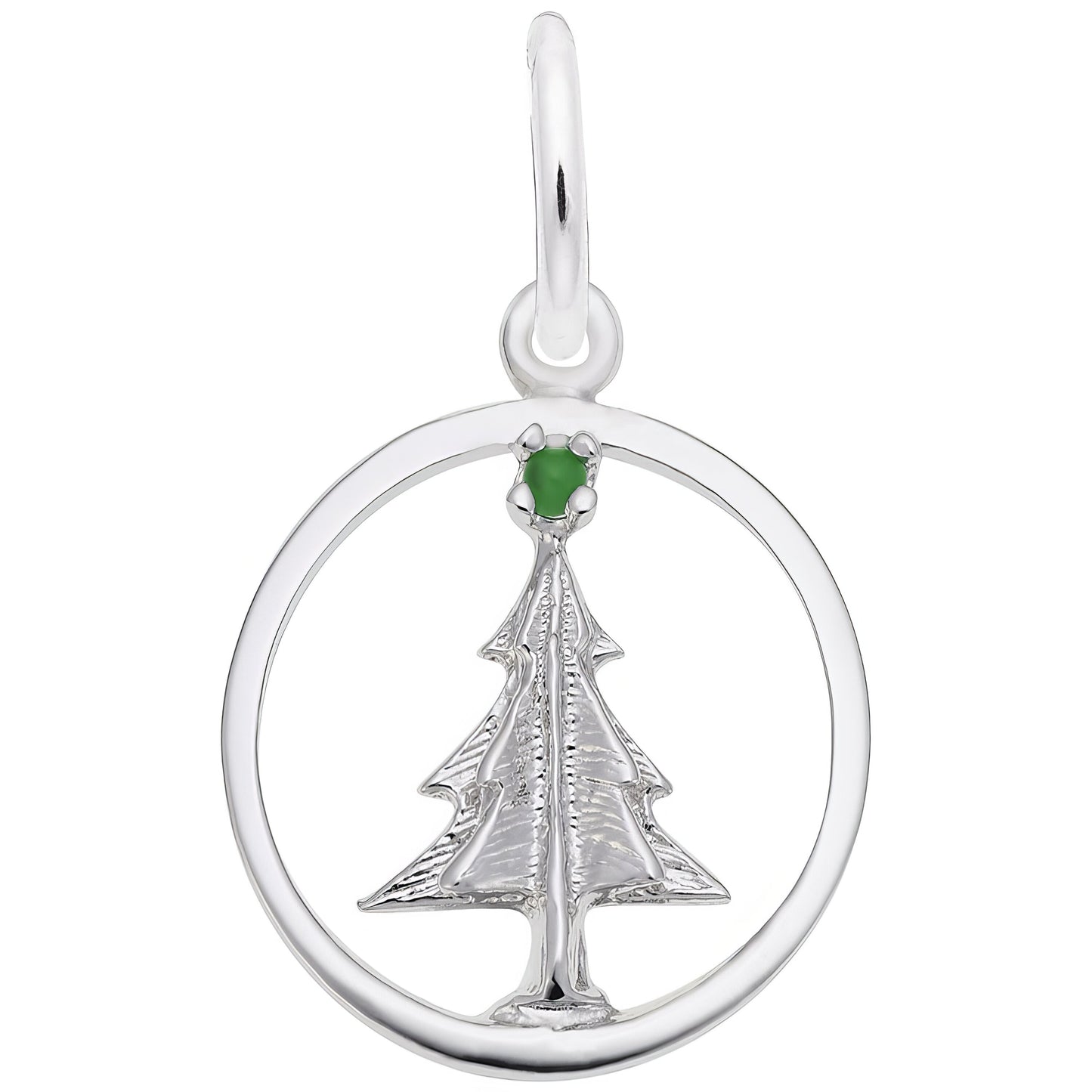 Christmas Tree Circle Charm w/Green Bead - Metal - Sterling Silver