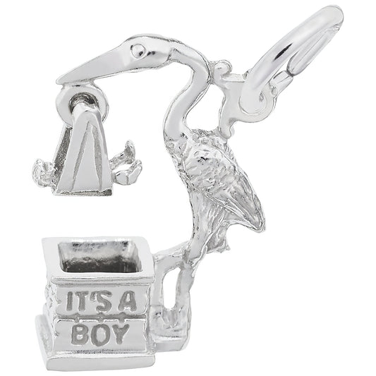 Sterling Silver Stork, Boy Charm - 18mm x 12mm