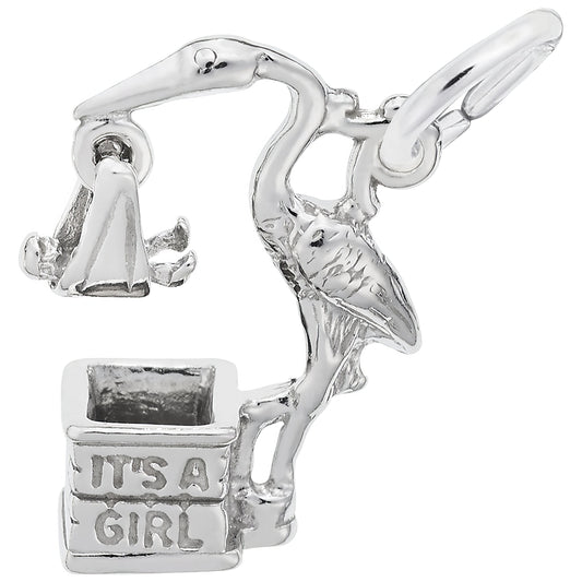 Sterling Silver Stork, Girl Charm - 18mm x 12mm