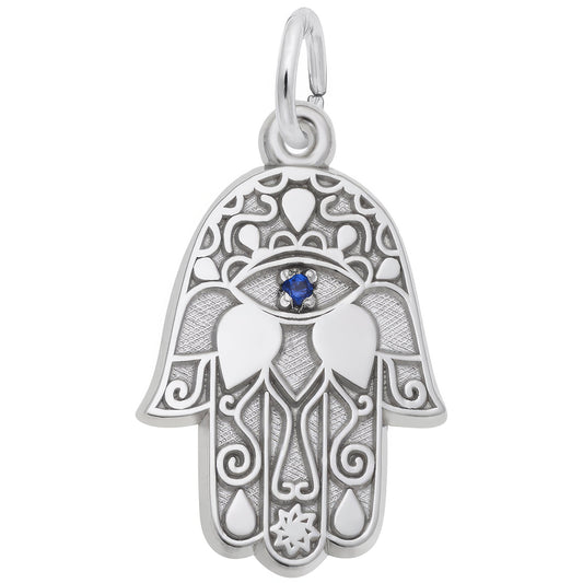 Hamsa Charm w/Blue Synthetic Crystal - Metal - Sterling Silver
