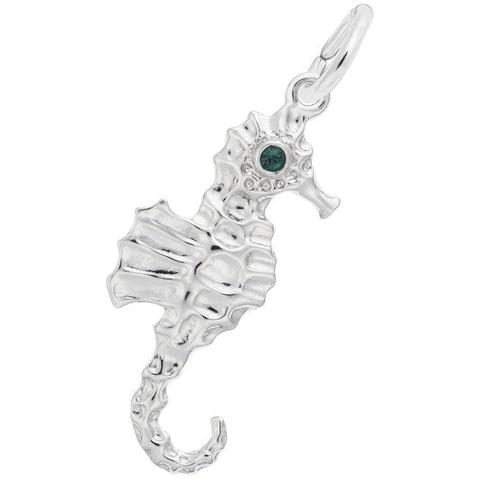 Seahorse Charm w/Green Synthetic Crystal - Metal - Sterling Silver