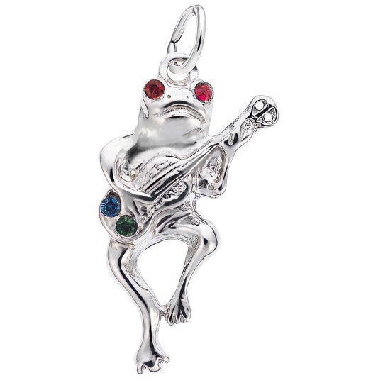Guitar Playing Frog Charm w/Red, Green & Blue Synthetic Crystals - Metal - Sterling Silver