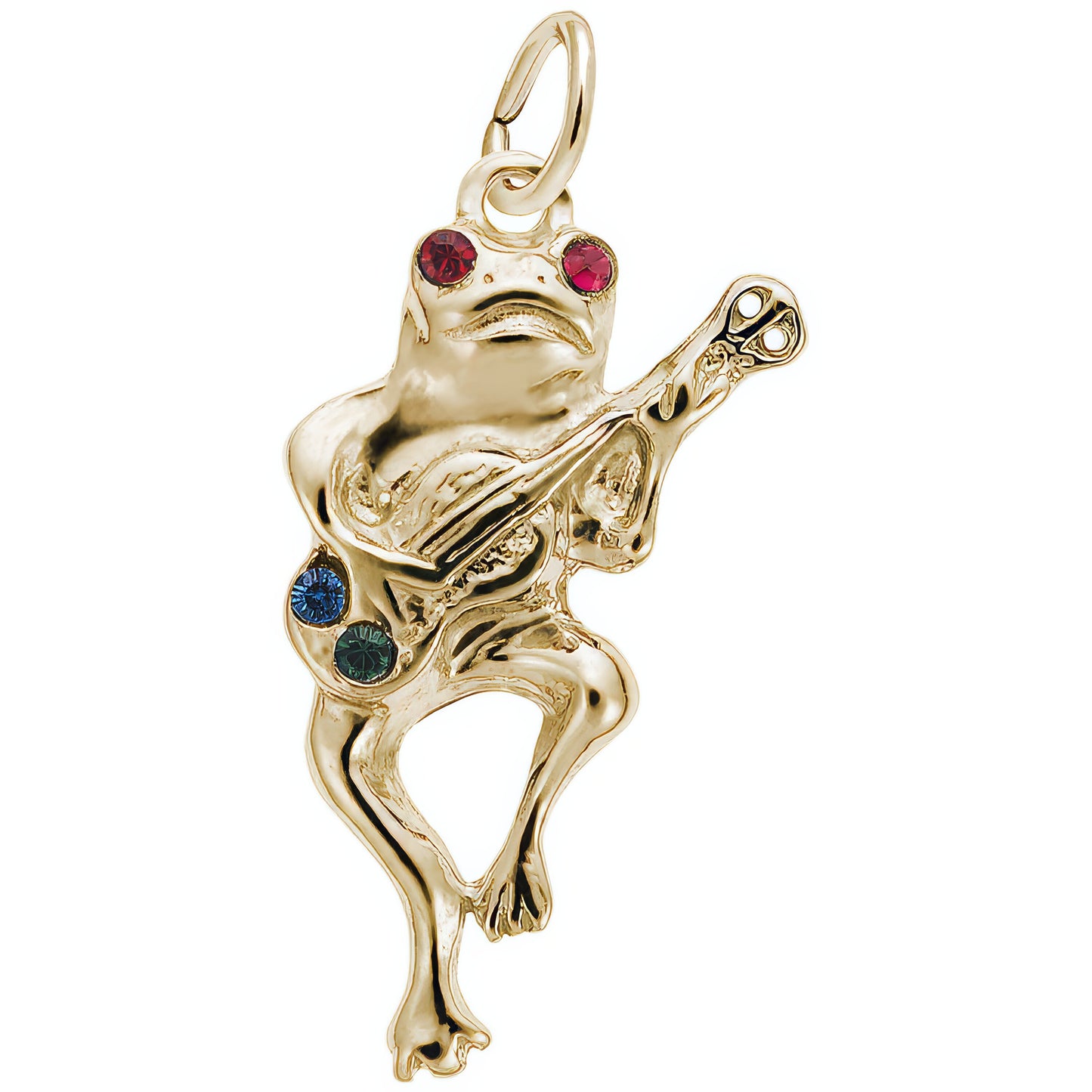 Guitar Playing Frog Charm w/Red, Green & Blue Synthetic Crystals - Metal - Sterling Silver