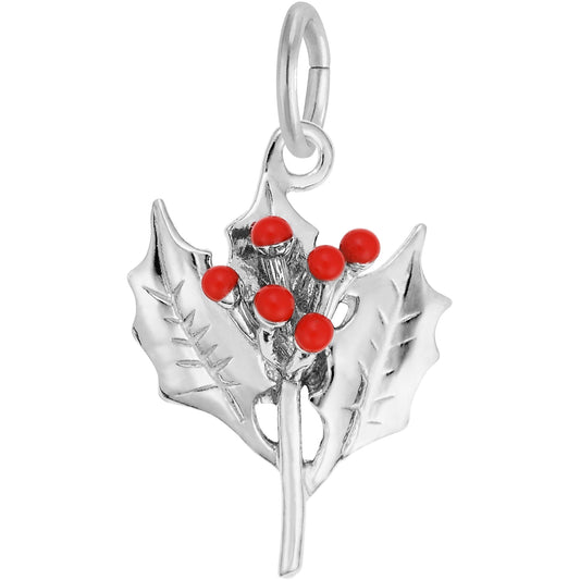 Christmas Holly Charm w/Red Enamel - Metal - Sterling Silver