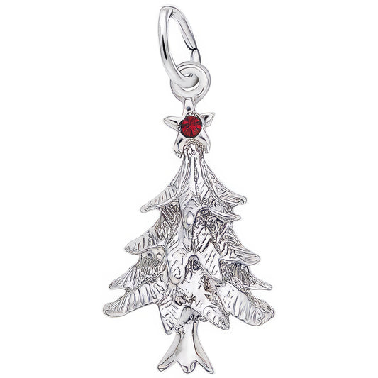 Christmas Tree Charm w/Red Synthetic Crystal - Metal - Sterling Silver