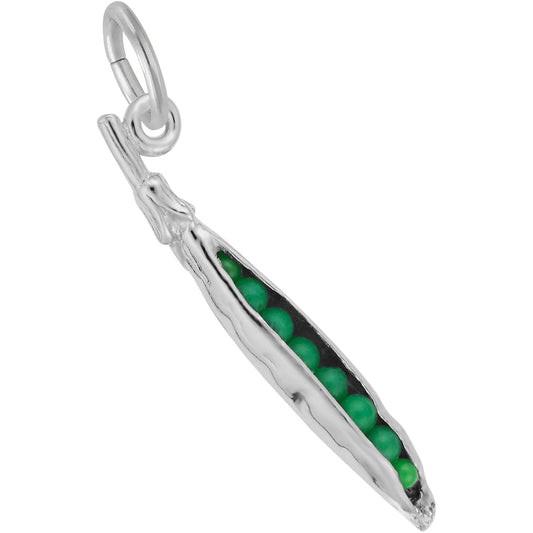 Pea Pod Charm w/Green Beads - Metal - Sterling Silver