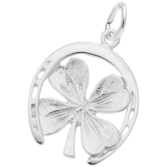 Good Luck Horseshoe & Clover Charm - Metal - Sterling Silver