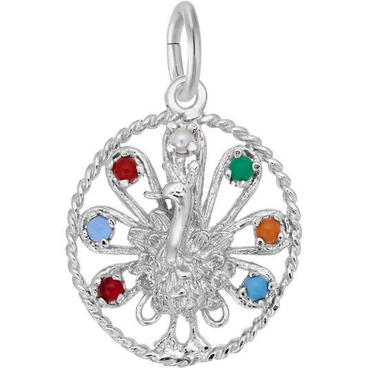Beaded Peacock Charm w/Multicolor Beads - Metal - Sterling Silver