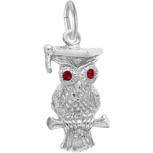 Graduation Owl Charm w/Purple Synthetic Crystals - Metal - Sterling Silver