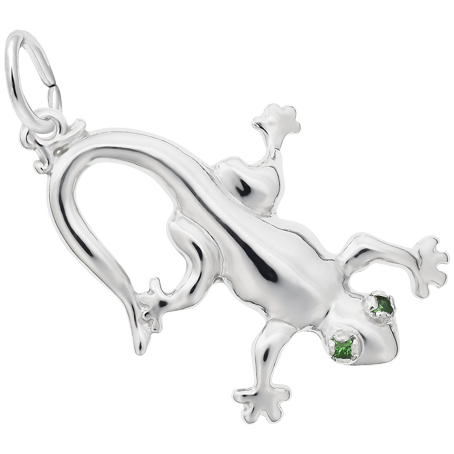 Gecko w/Green Synthetic Crystals Charm - Metal - Sterling Silver
