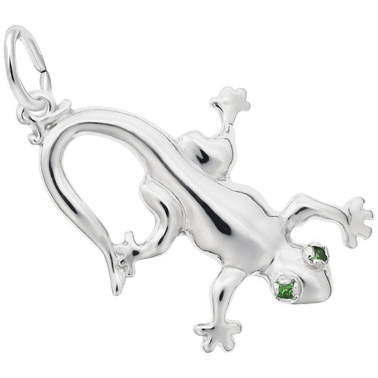 Gecko w/Green Synthetic Crystals Charm - Metal - Sterling Silver