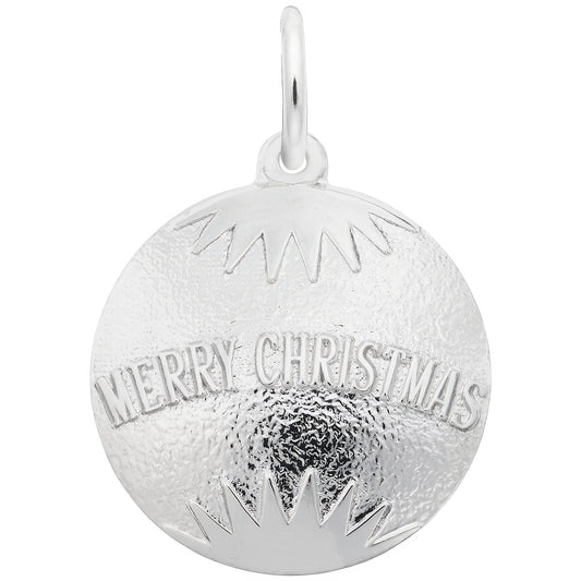 Merry Christmas Bulb Ornament Charm - Metal - Sterling Silver
