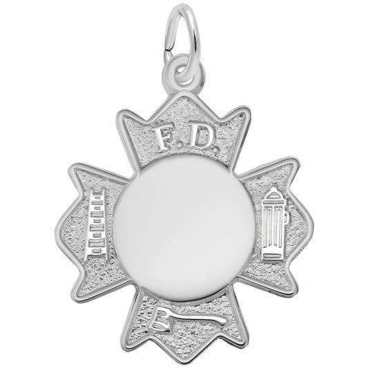 Fire Department Badge Charm - Metal - Sterling Silver