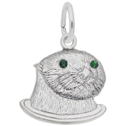 Sea Otter w/Green Synthetic Crystals - Metal - Sterling Silver