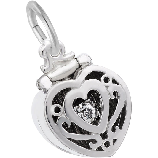 Heart Engagement Ring Box Charm w/White Synthetic Crystal - Metal - Sterling Silver