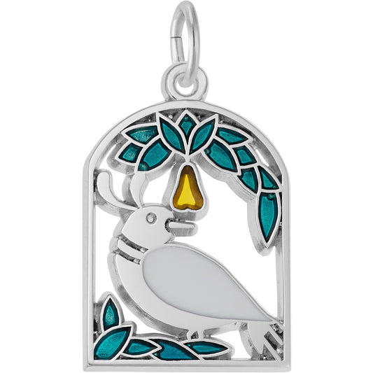 A Partridge in A Pear Tree Charm w/Green & Yellow Enamel - Metal - Sterling Silver
