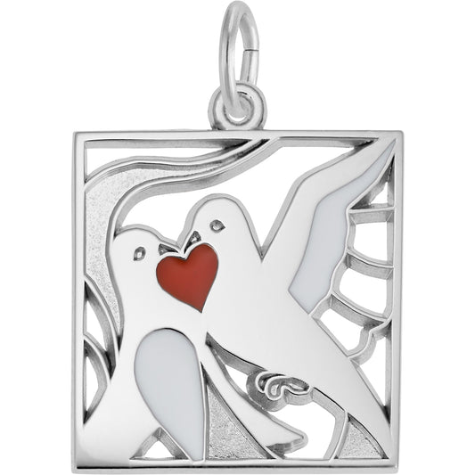 Two Turtle Doves Charm w/White & Red Enamel - Metal - Sterling Silver