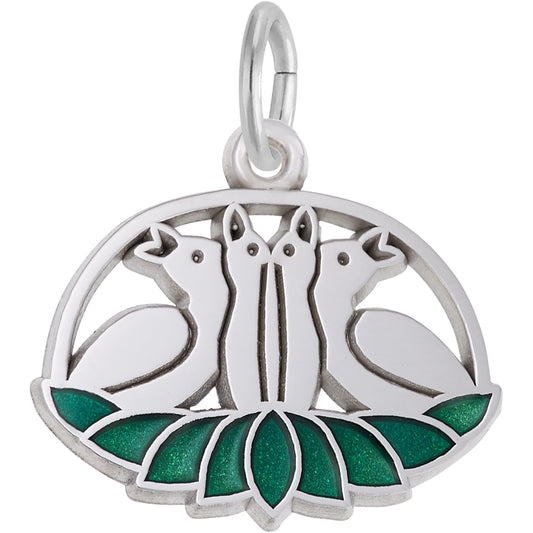 Four Calling Birds Charm w/Green Enamel - Metal - Sterling Silver