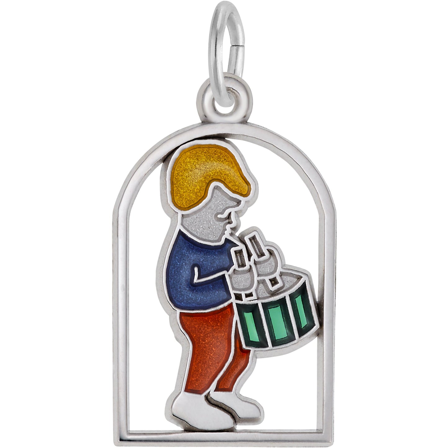 Twelve Drummers Drumming Charm w/Red, Blue & Green Enamel - Metal - Sterling Silver